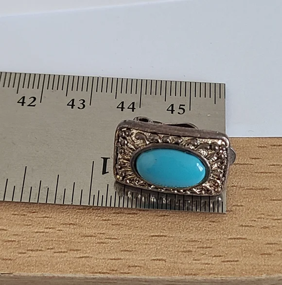 Vintage Boho Greco Roman Turquoise Silver Filigree Square Stud Clip-On Earrings - Picture 7 of 8